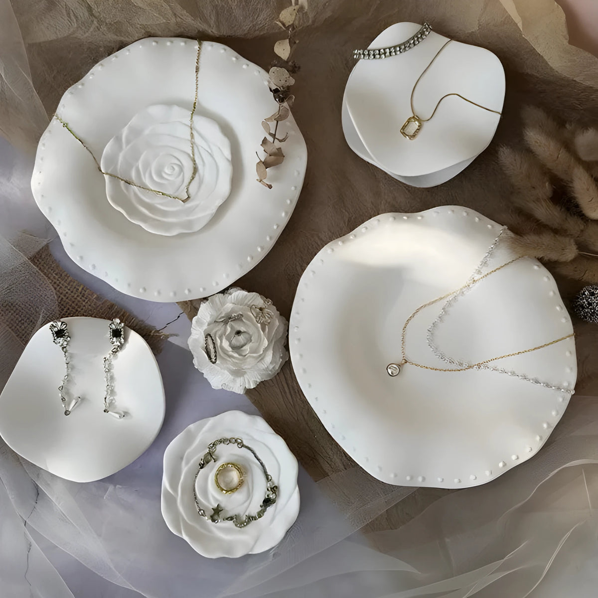 Vintage French relief gypsum jewellery display plate 13 by 21cm white artistic plaster stand with sculpted detailing