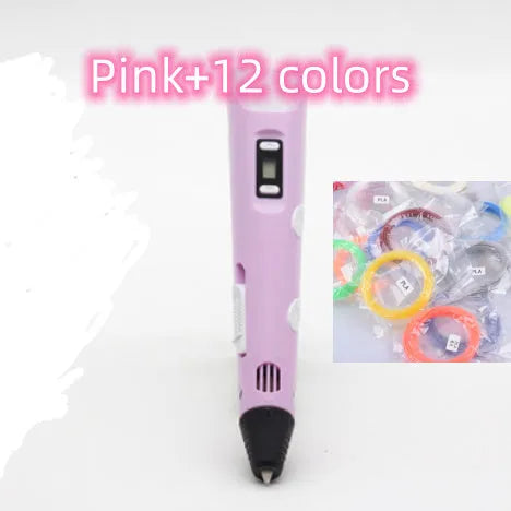 Yellow 3D printing pen with 12 colour PLA filament spools and UK power adapter on a white background