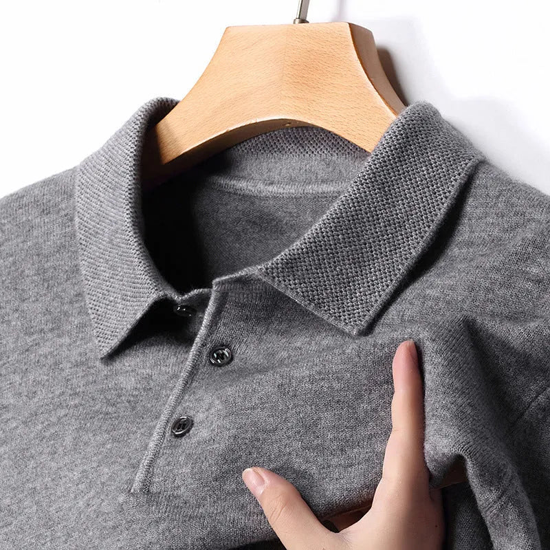 Men's winter wool lapel long sleeve sweater in camel colour, thick knit, simple style, front view