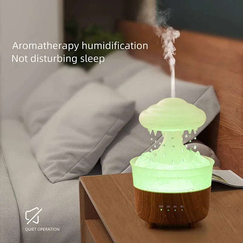 Wood grain rain cloud shaped ultrasonic humidifier and essential oil diffuser with coloured LED lights.