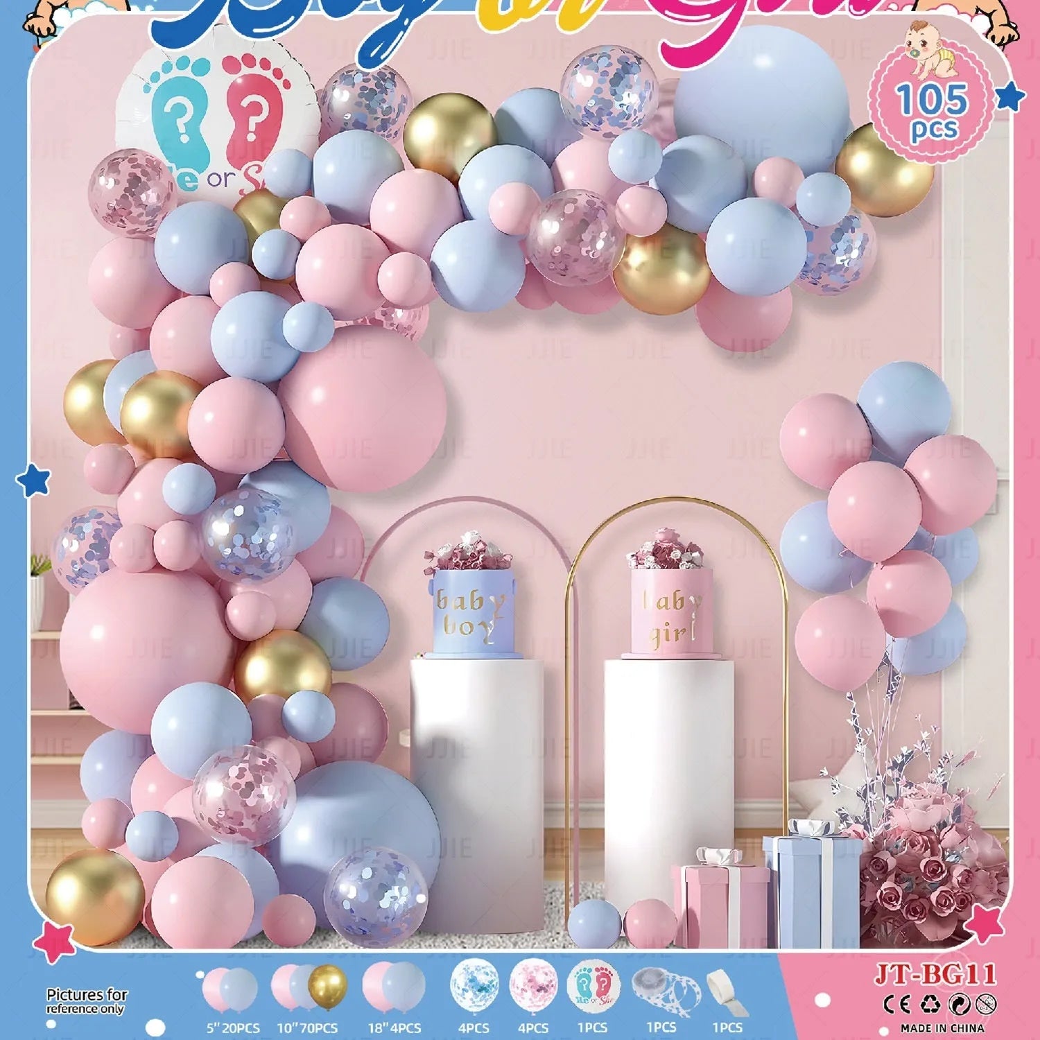Gender reveal balloon decoration kit with aluminum foil round balloons, pink bottle, blue bottle, and ribbon