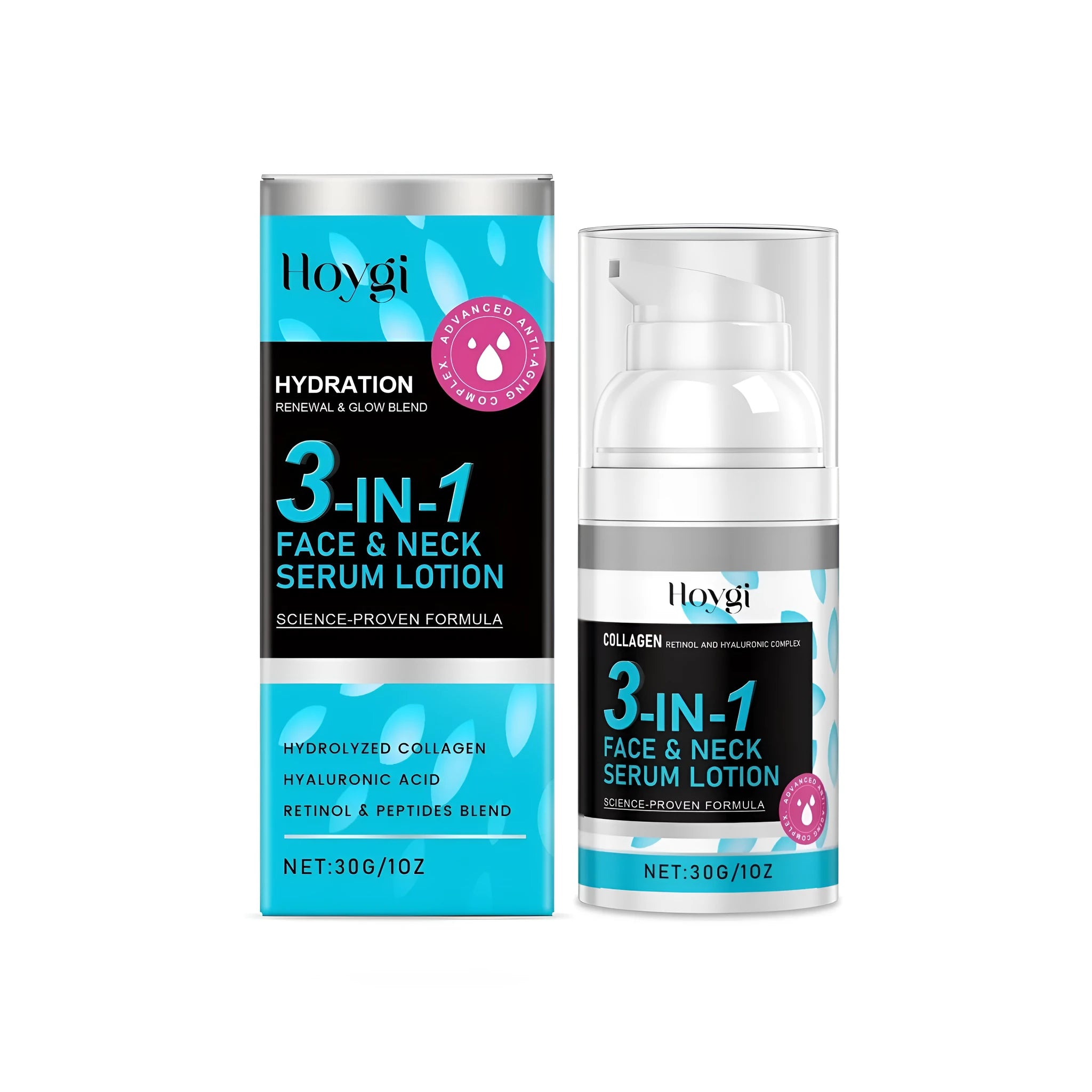 30g tube of 3-in-1 face and neck serum lotion with collagen and retinol.
