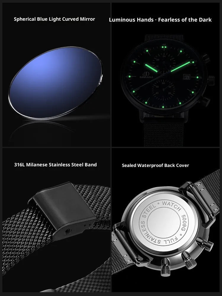 Men's luminous waterproof quartz watch with 40mm dial and black mesh belt on wrist