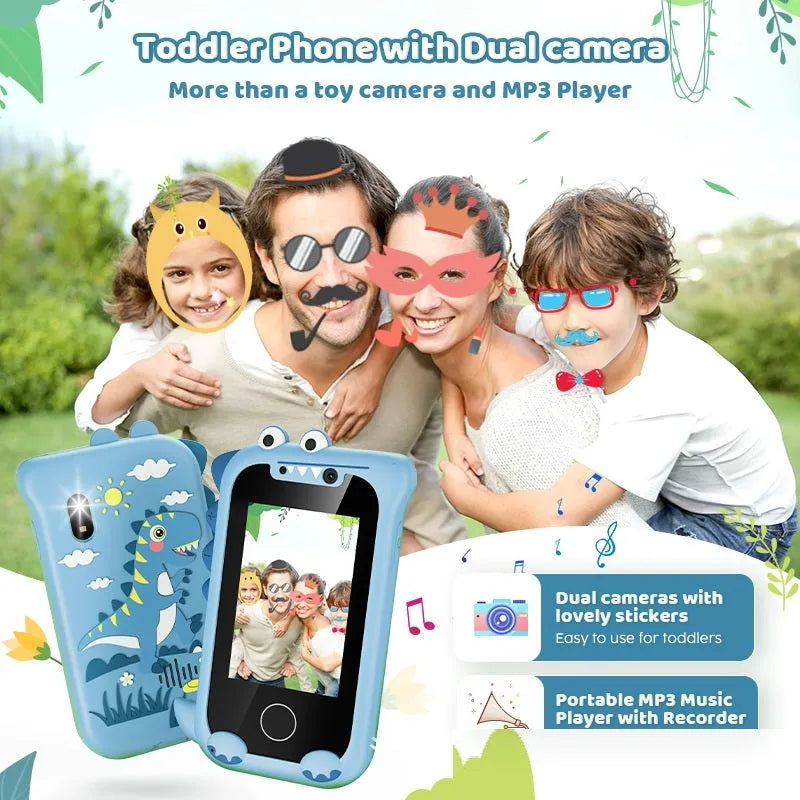 Blue silicone case educational mobile phone camera toy for children with touch screen and hang rope