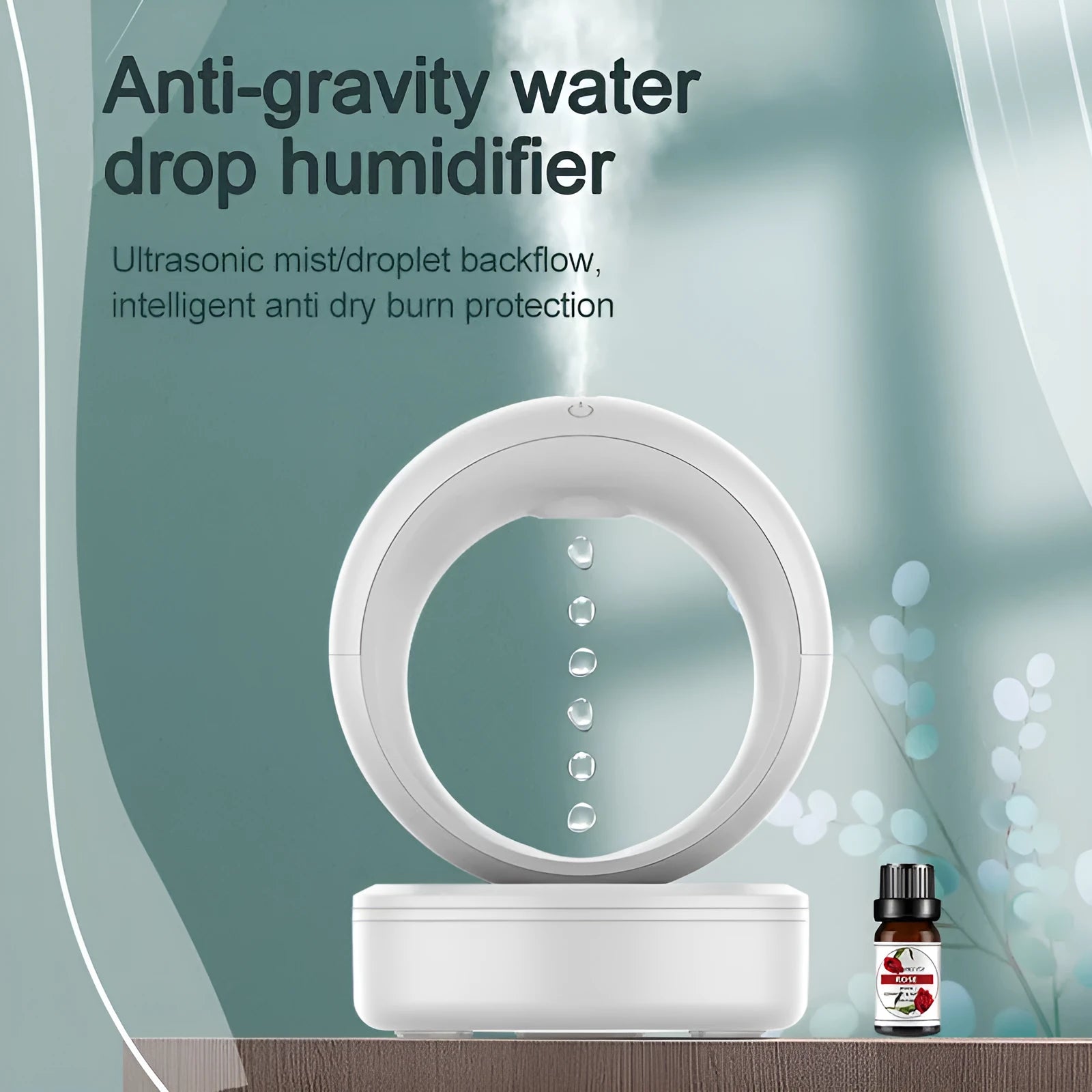 White round anti-gravity humidifier showing optical illusion of levitating water droplets on a desk.