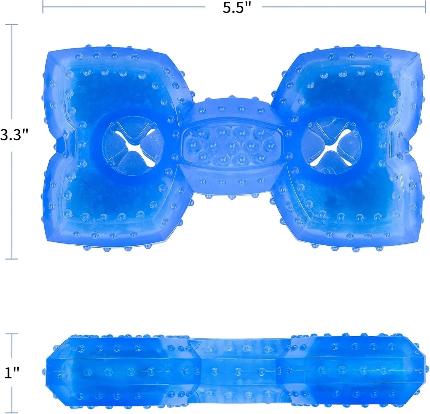 Freezable blue dog chew toy with textured surface and a cavity for treats.