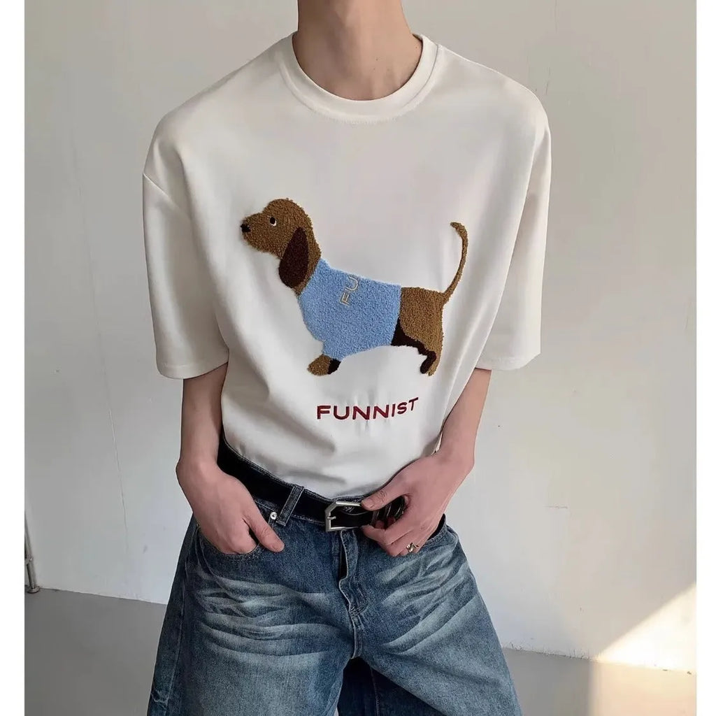 Men's grey cotton T-shirt with a black embroidered sausage dog design on the chest.