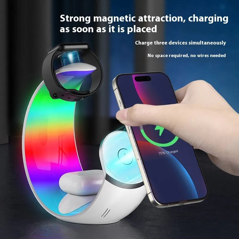 White wireless ambience light and charger with Type-C port and 18W output
