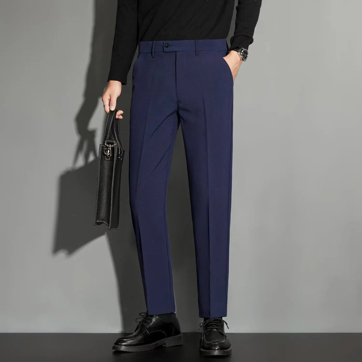 Men's straight-leg suit trousers in chemical fibre blend available in multiple colours and sizes