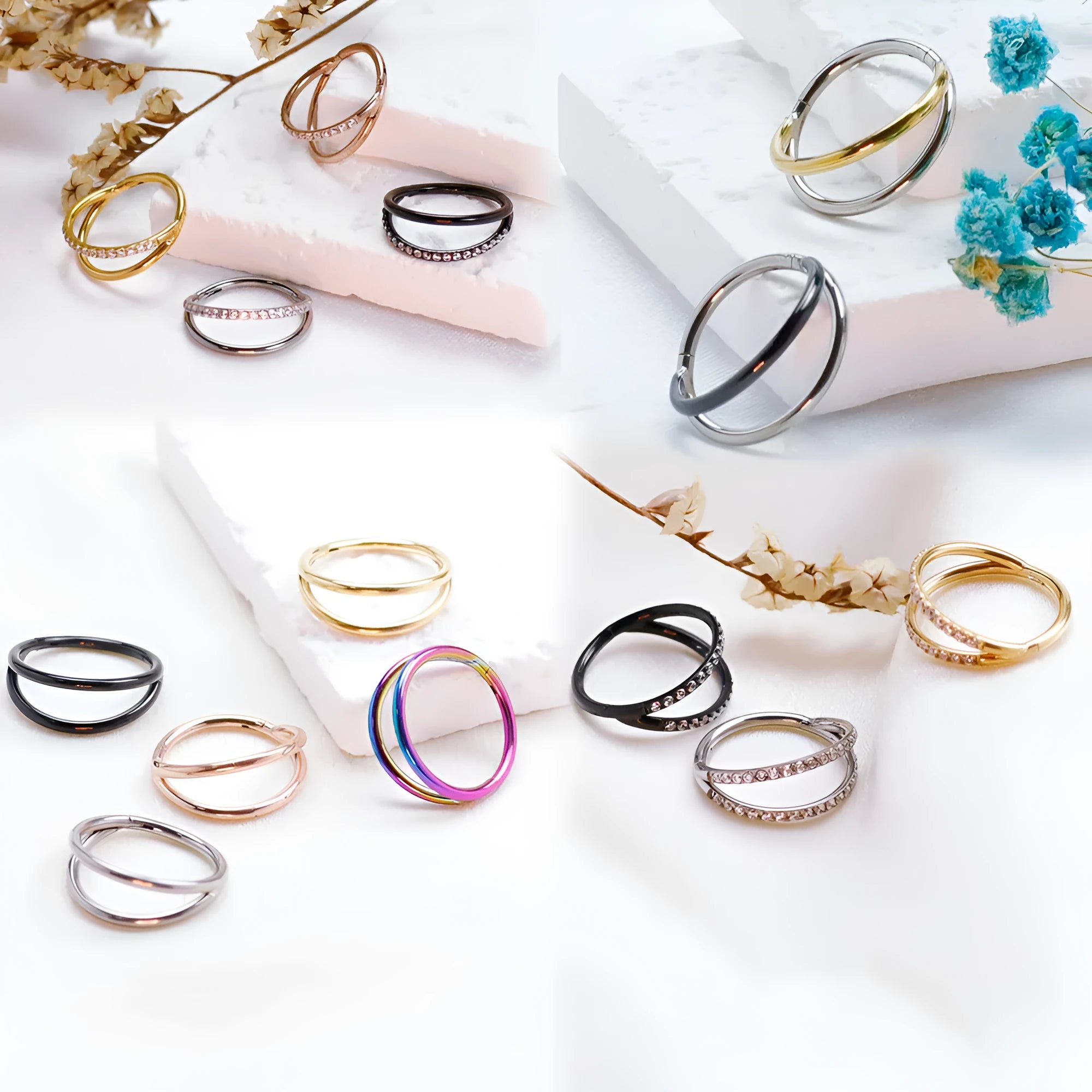 F136 Titanium Alloy nose ring body jewellery shown in silver, gold, black, and rose gold finishes.