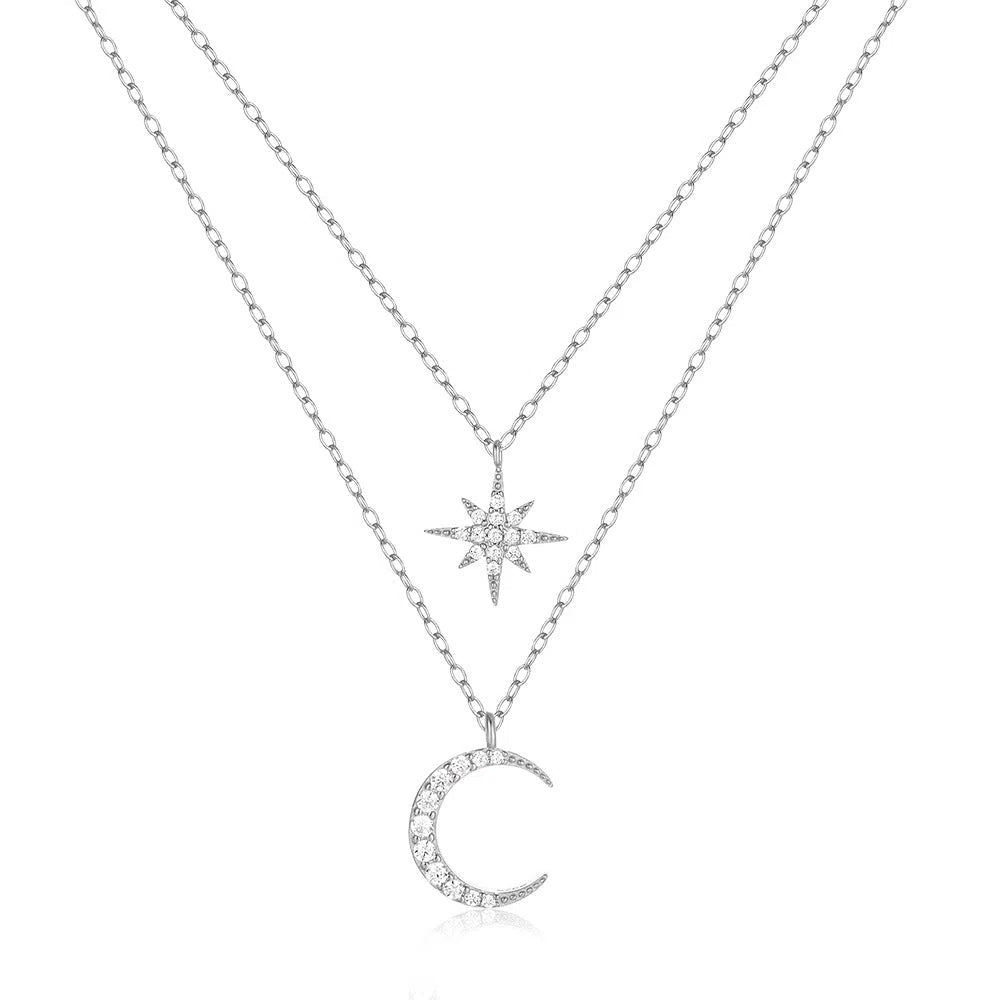 Women's S925 sterling silver double layer necklace with star and moon diamond pendant, gold finish