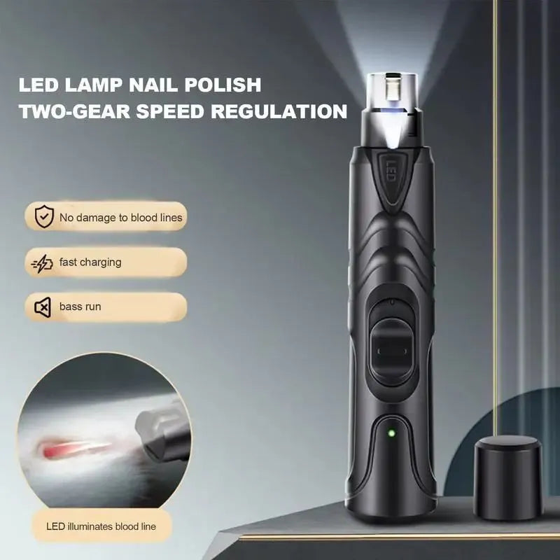Black rechargeable dog nail grinder with LED light, shown with its 2-speed settings.