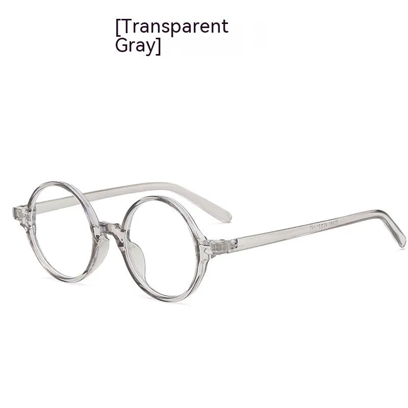 Artistic retro round glasses frame in bright black, sand black, tofu pudding, and transparent grey colours.