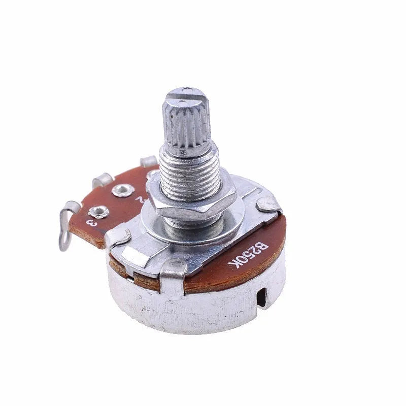 A single silver metal potentiometer knob for an electric guitar's tone or volume control.