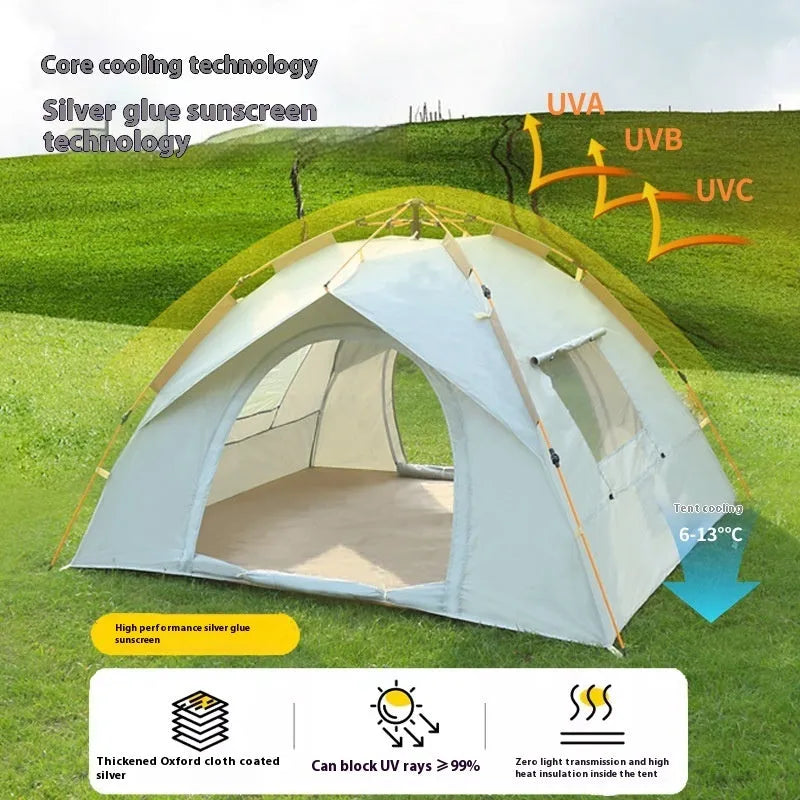 Cloud gray outdoor automatic folding camping tent with two doors and two windows, set up on grass with waterproof rainfly