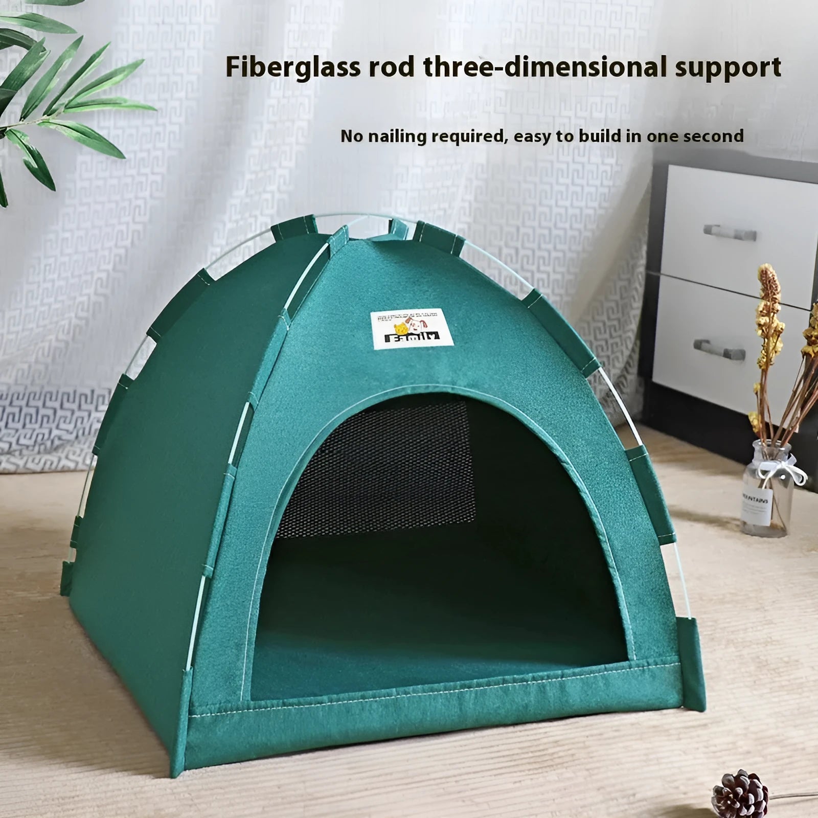 Washable pet tent bed for small dogs and cats in linen-like fabric, shown in grey colour.