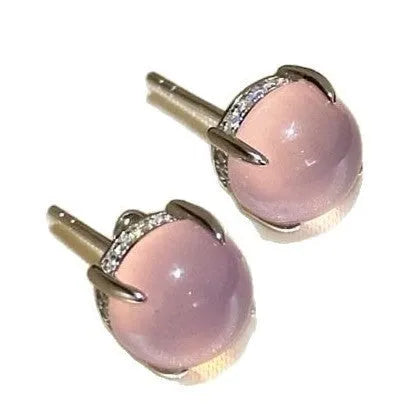 Round egg surface chalcedony stud earrings with four claw settings in emerald green, milk white, or pink purple.