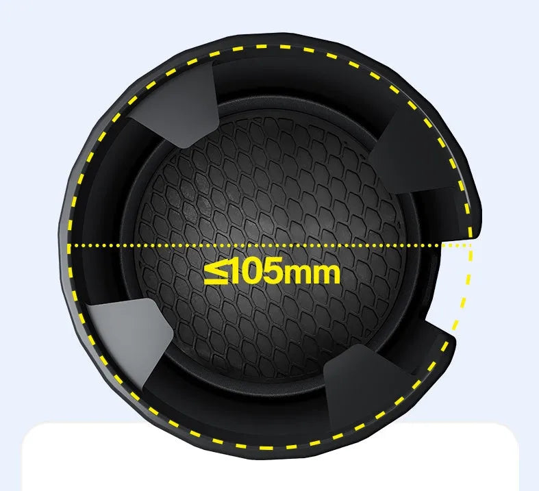 Matte black adjustable car cup holder expander for large bottles and cups on a car console.