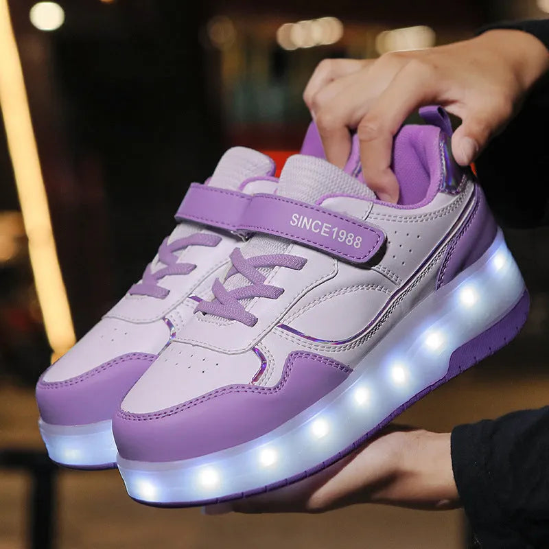 Boys and girls charging flash roller skates with LED light wheels in pink colour