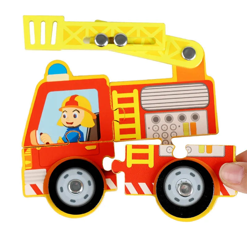 Children wooden traffic puzzle toy 14.8cm in bulldozer design for infants aged 0-3