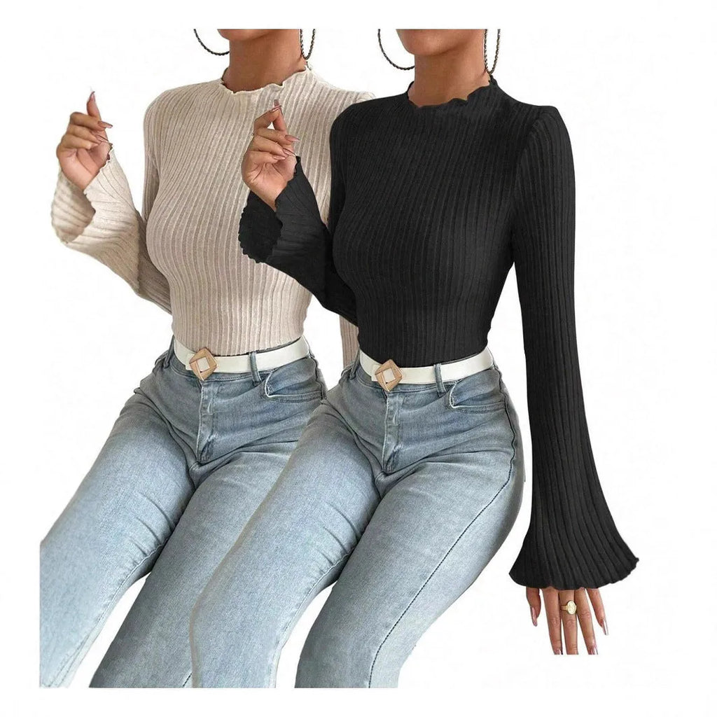 Long sleeve slim fit top with lantern sleeves in black brushed polyester fabric.