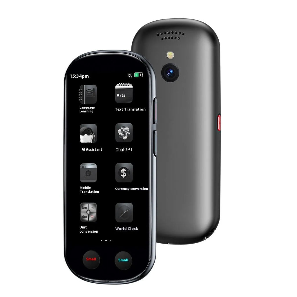Black multi-language simultaneous interpretation translator for business with lanyard and charging cable.