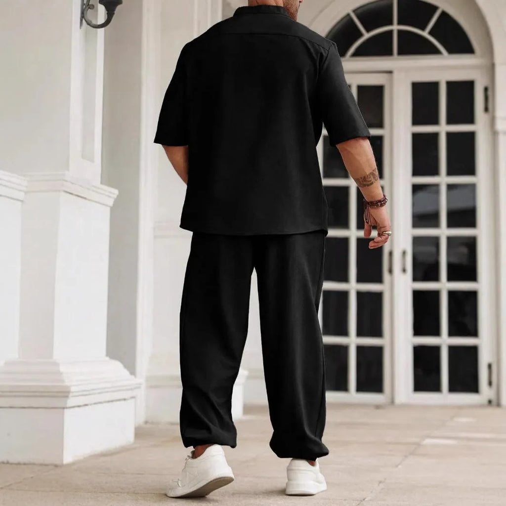 Men's apricot cotton linen short-sleeved shirt and trouser casual set laid flat