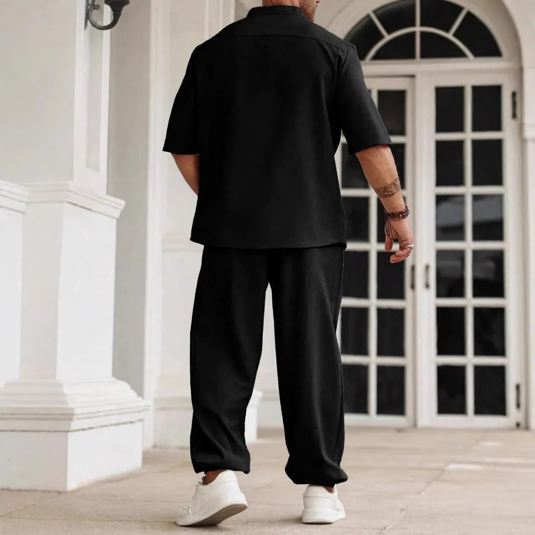 Men's apricot cotton linen short-sleeved shirt and trouser casual set laid flat