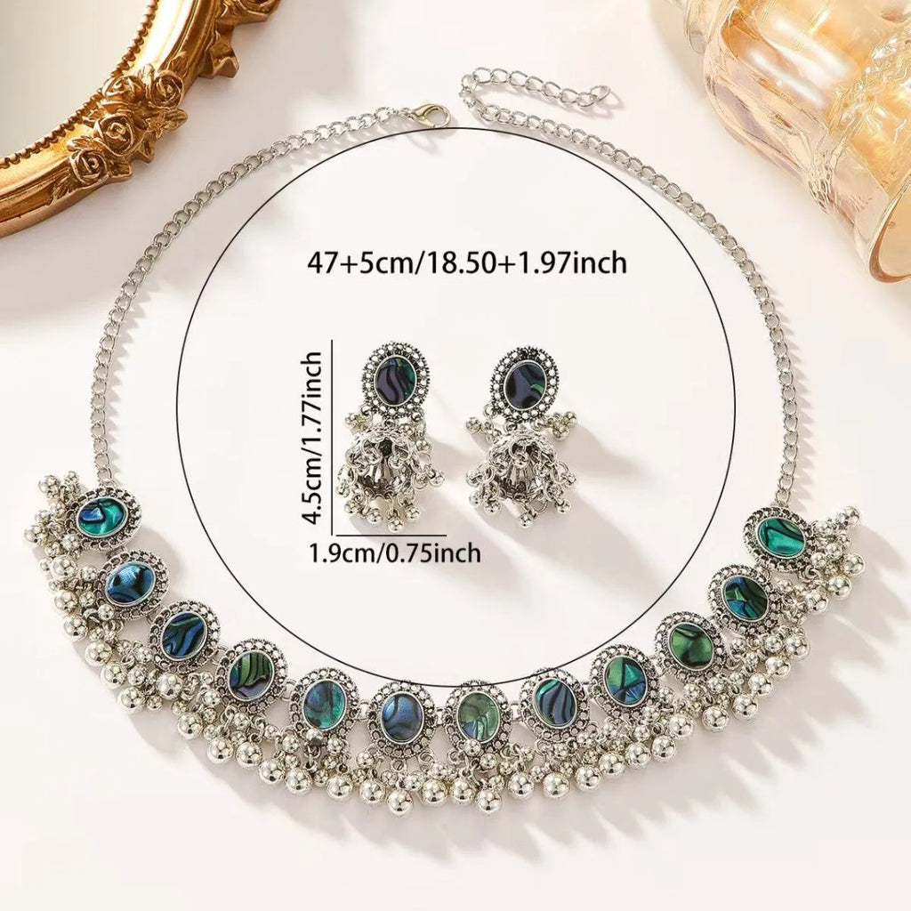 European American retro Indian style abalone shell Bohemian round ethnic alloy necklace and earrings set for women in colour XL-012