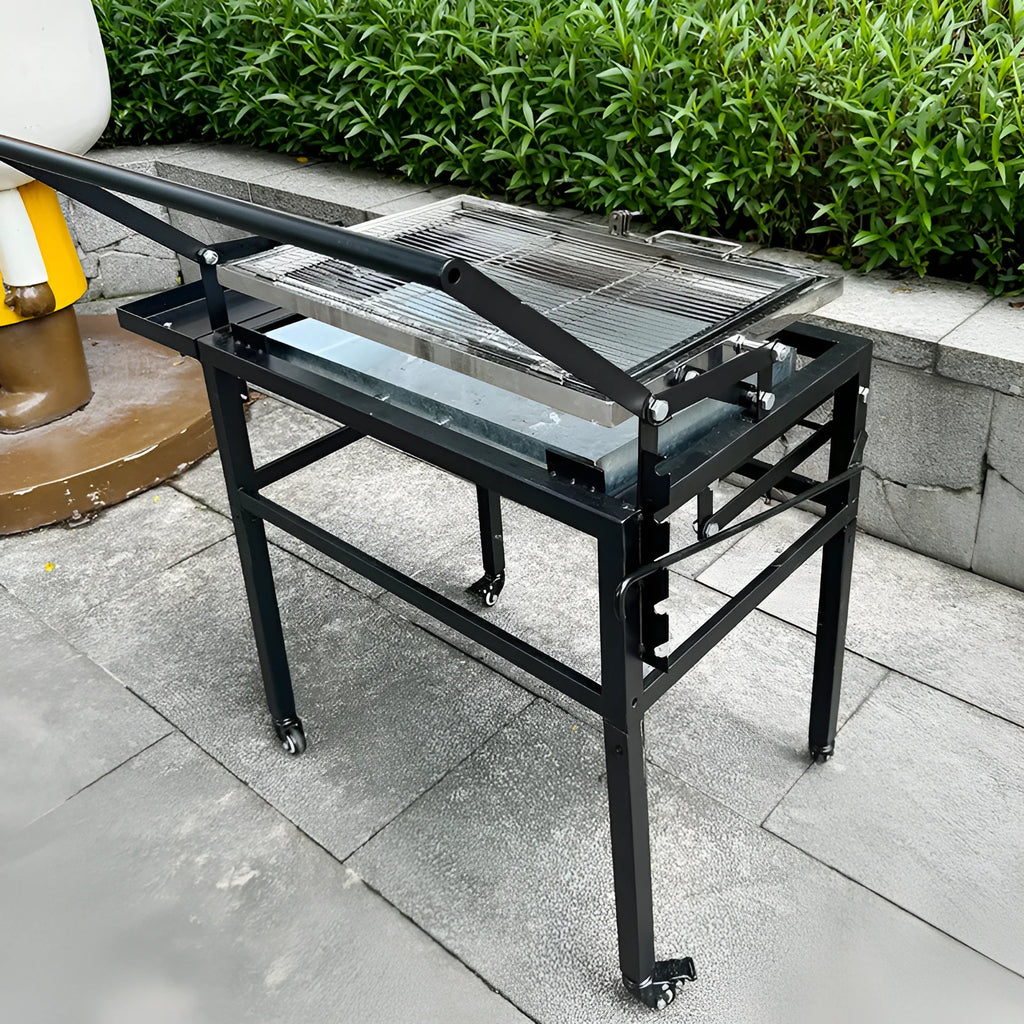 Large black stainless steel portable charcoal barbecue grill in a foldable design.