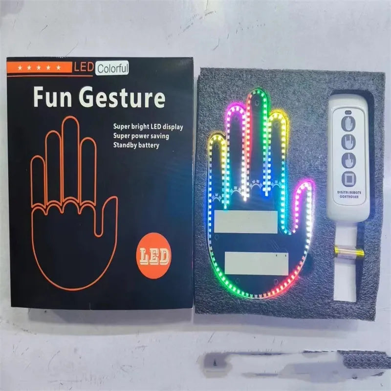 Car USB finger gesture lights showing thumbs-up, OK sign, and scissor hand illuminated designs