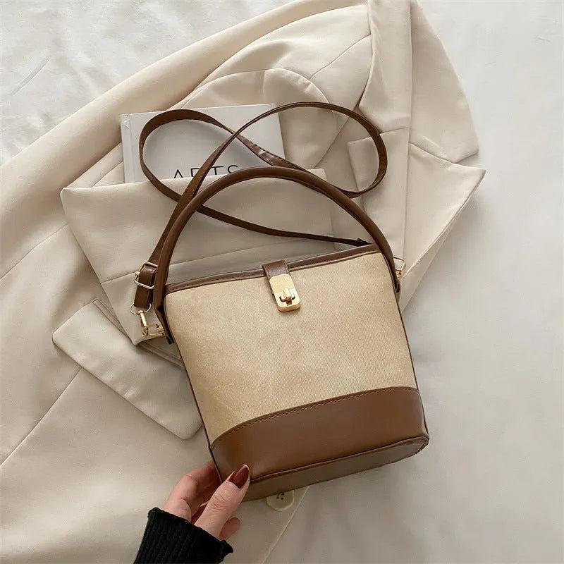 Retro contrast color crossbody bucket bag for women in PU material with three-dimensional pocket, 15.5x19x10cm