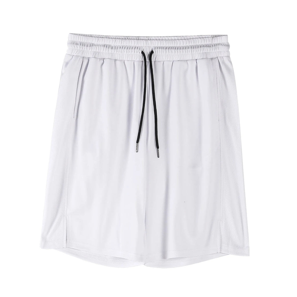 Men's black quick-dry mesh shorts with elastic waistband on a neutral background.