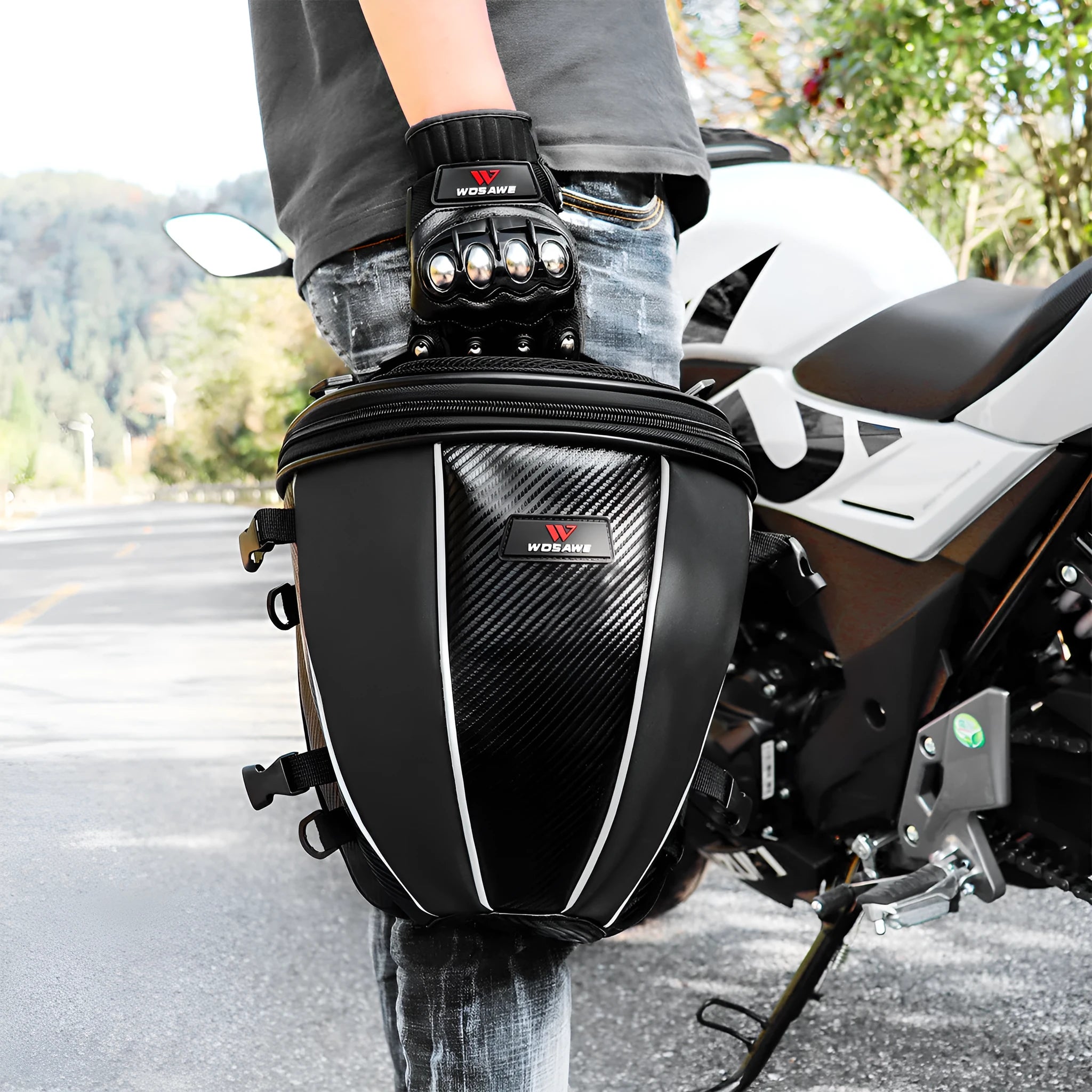 Black motorcycle waterproof crossbody bag with reflective strips and multiple pockets