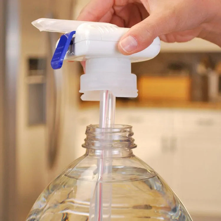 Electric pumping water device with blue press handle and long silicone straw for dispensing drinks.