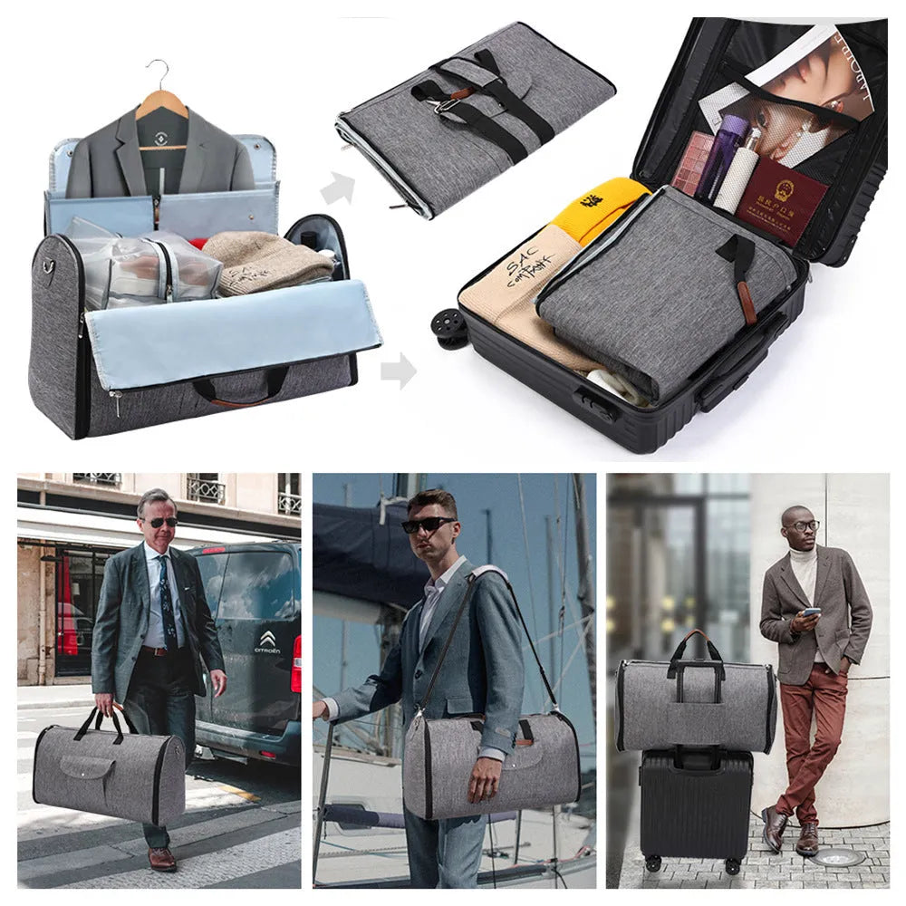 Dark blue folding duffel bag made of Oxford cloth for travel and gym use.
