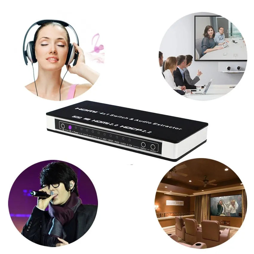 Black HDMI switch unit with four input ports, remote control, and 10m cable for video switching