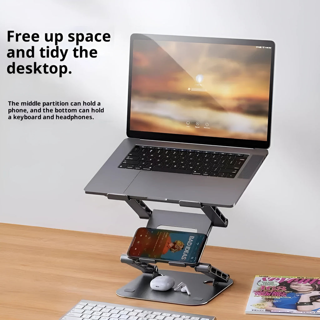Carbon steel laptop stand with three-layer elevation in Bright Moon Silver for laptops under 15.6 inches