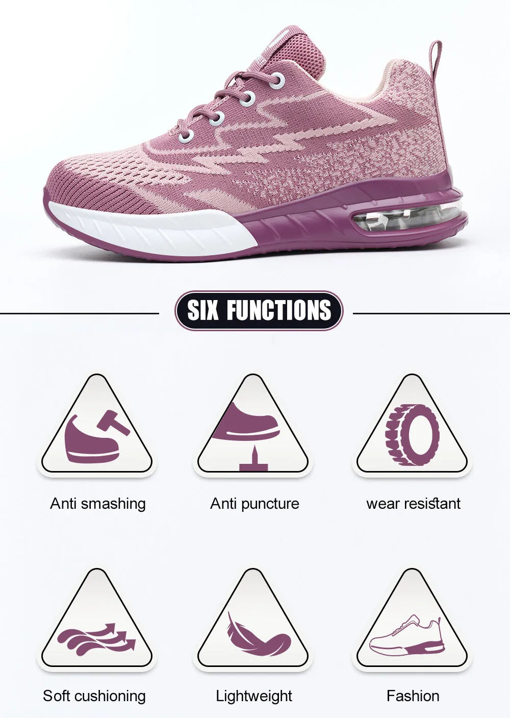 Women's safety trainers with steel toe and Kevlar midsole, flying woven upper, rubber sole, pink or black, EU35-41