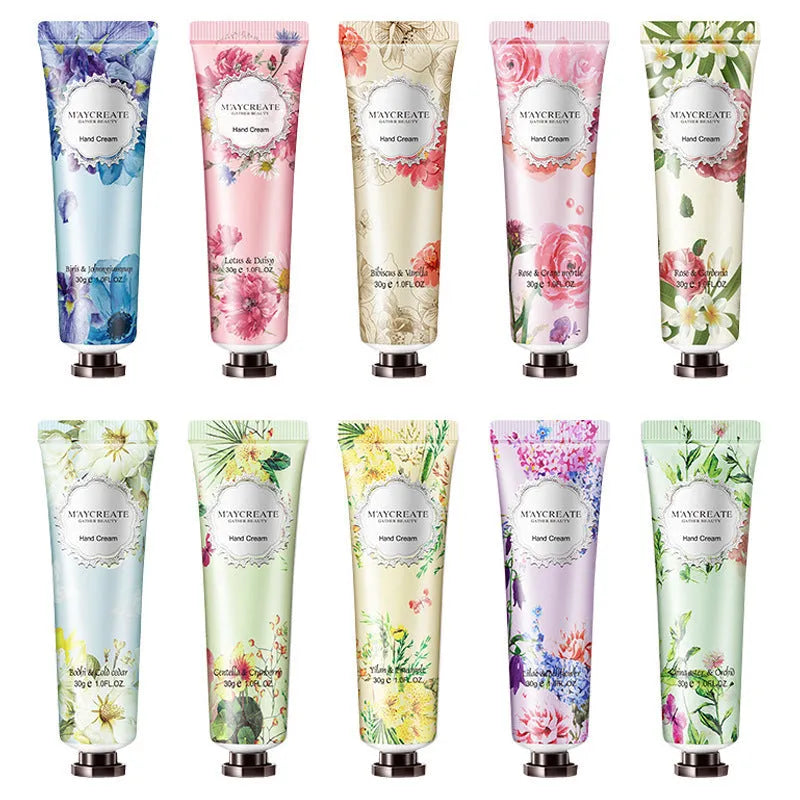 Hand cream tube with floral fragrance, 30g net content, moisturising paste