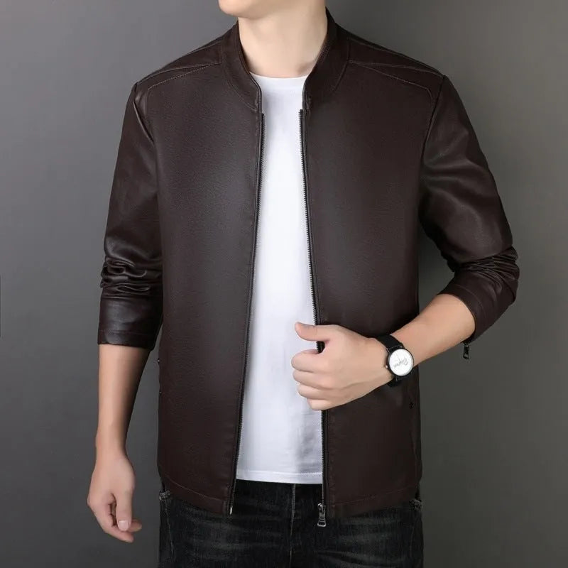 Men's PU leather jacket loose fit medium length 65cm black colour front view