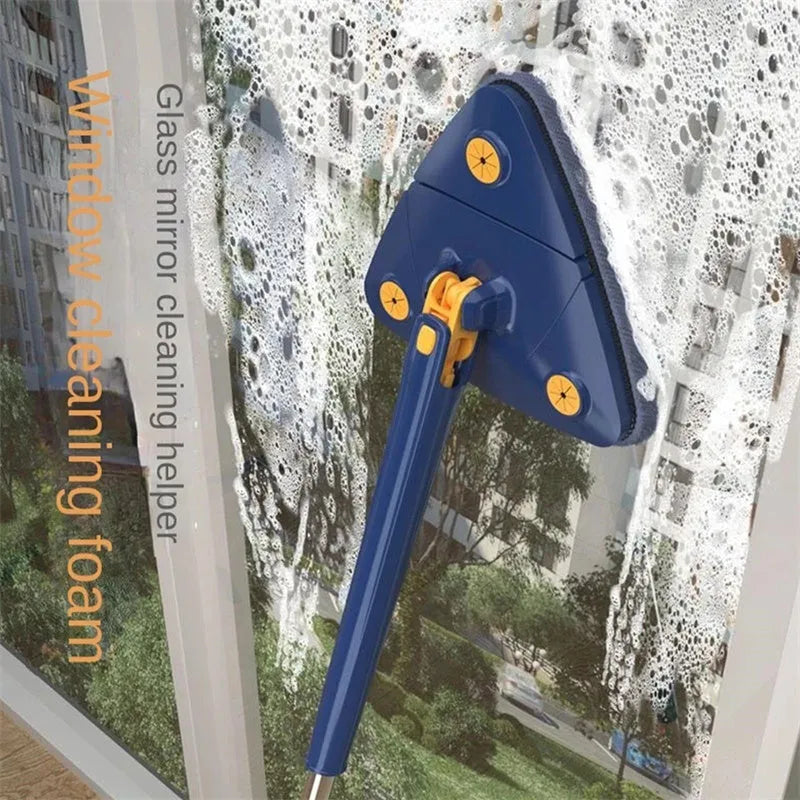 Blue extendable triangle cleaning mop with rotating head and microfiber cloth on a stainless steel pole.