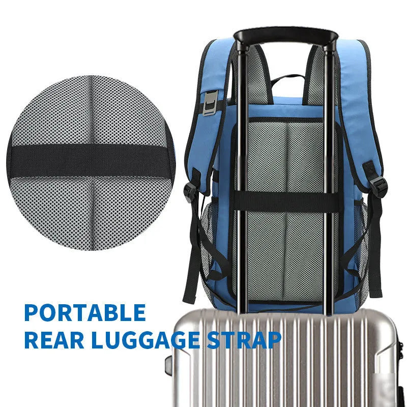 20 litre cloth backpack with bottle opener on shoulder strap in black, blue, pink, or red
