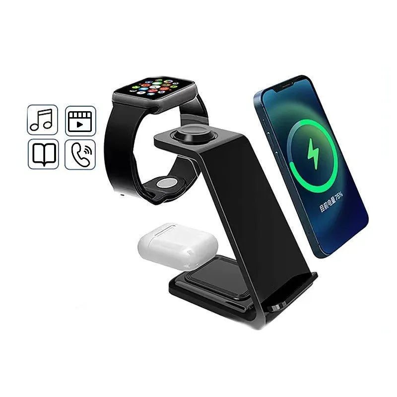 White 3-in-1 upright wireless charging stand holding a mobile phone in landscape orientation on a desk.