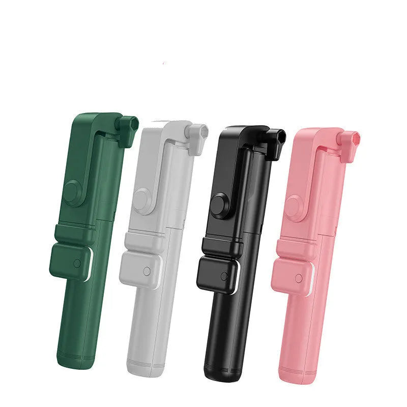 Black aluminium alloy Bluetooth selfie stick with extended tripod legs and a smartphone attached.