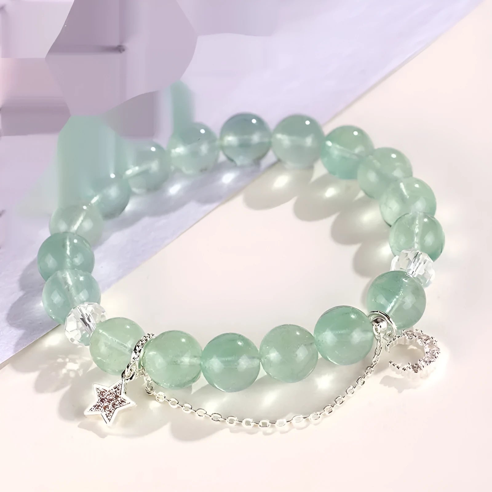 Green fluorite star moon princess bracelet with white crystals and electroplated metal