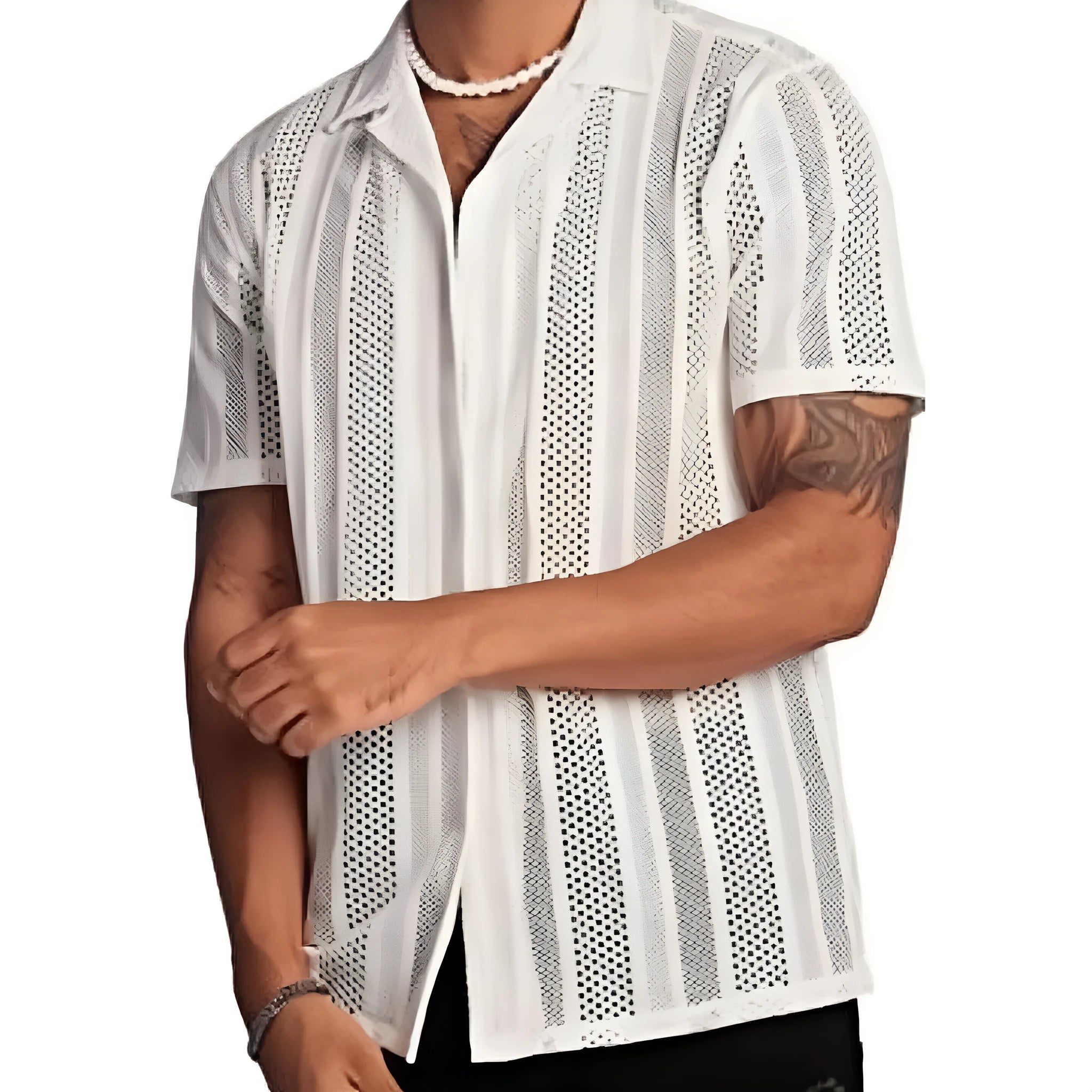 Men's black and white short-sleeved knitted cardigan shirt with button front and jacquard fabric texture
