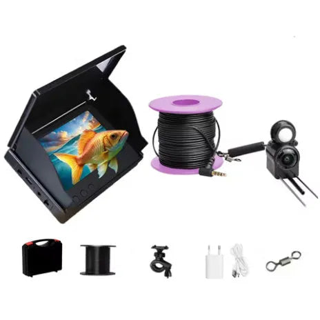 Underwater fish finder camera with 4.3-inch display screen and separate camera unit on a long cable.