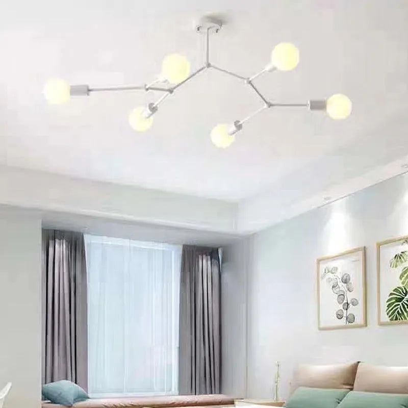 Nordic style black and white iron ceiling chandelier with multiple light head options.