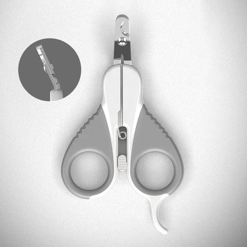 Grey and pink cat nail clippers with angled blade design and safety lock for small pet grooming